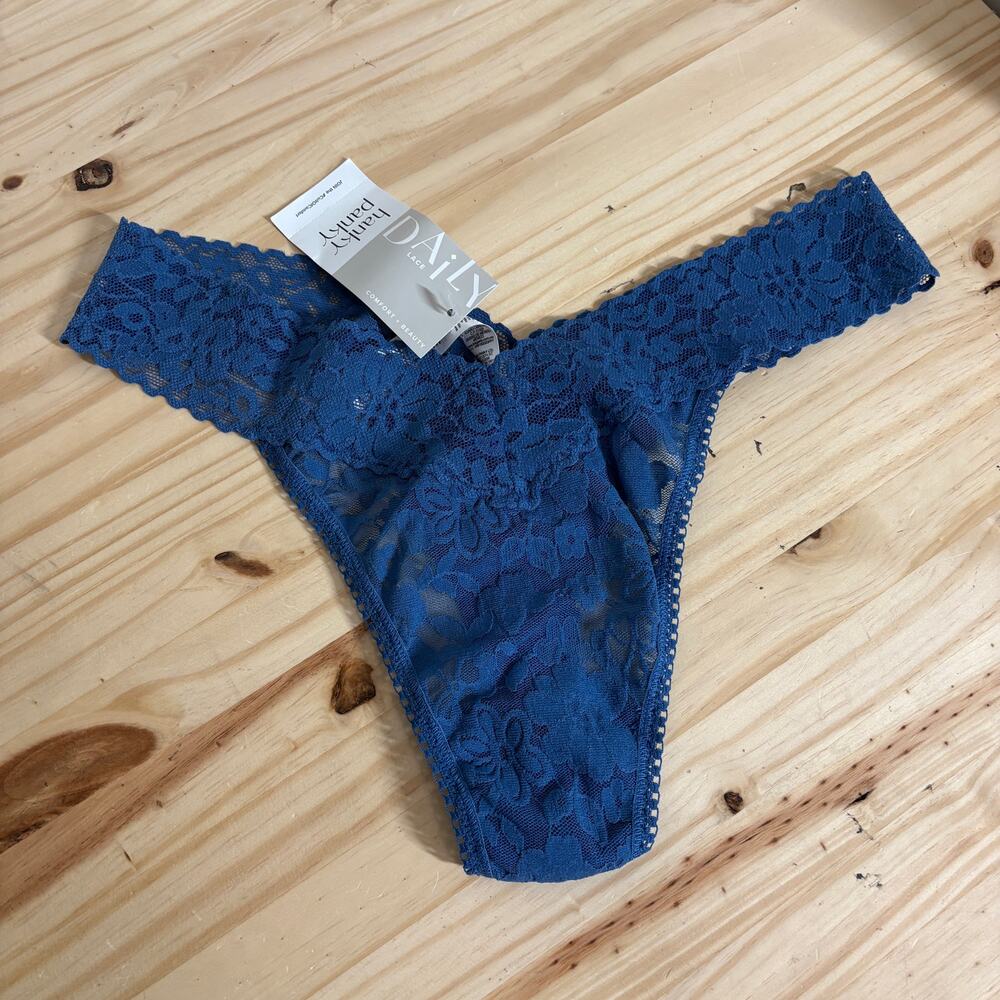 Hanky Panky One Size (4-14) Original Rise Thong Blue Nylon Blend Daily Lace - Picture 2 of 8